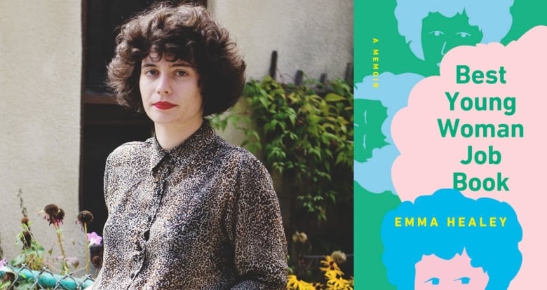 A white woman with a brown curly bob looks at the camera. An abstract book cover in blue pink and green.