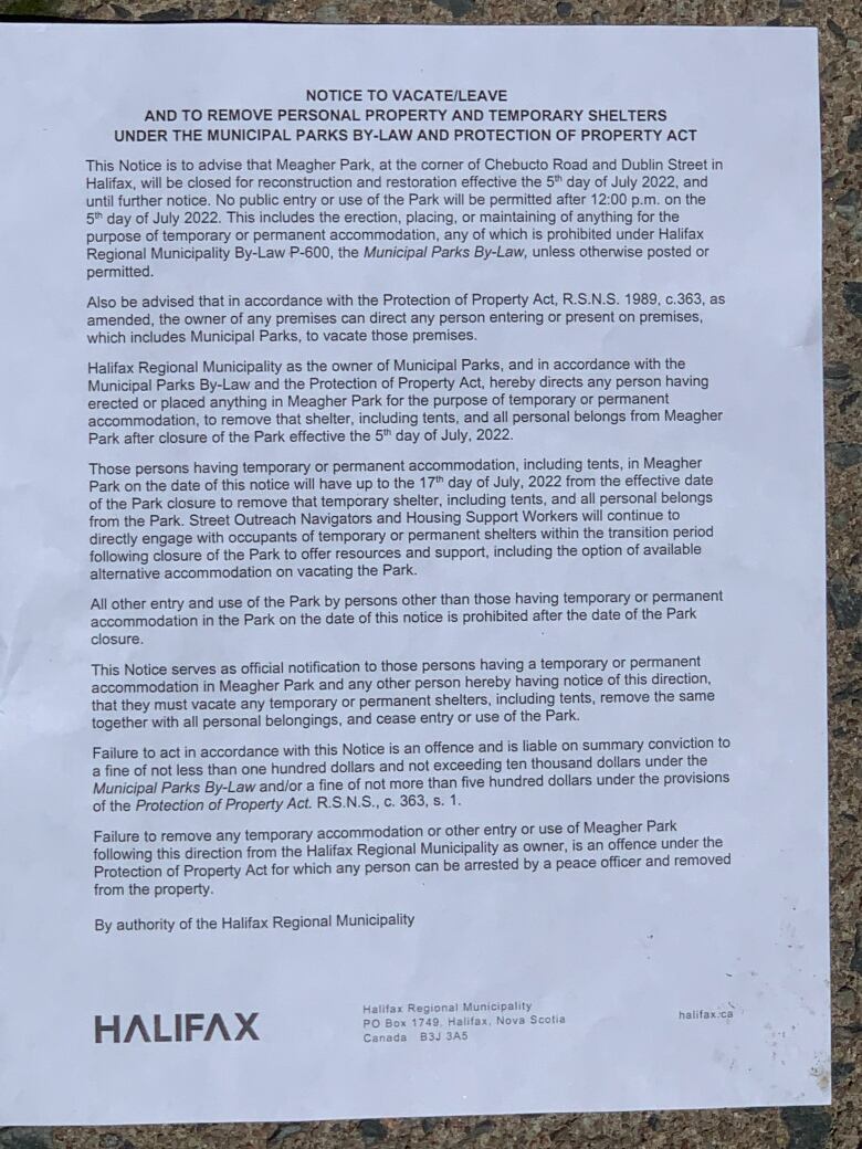 A notice given to residents in Meagher Park notifying them of the closure of the park on July 17.