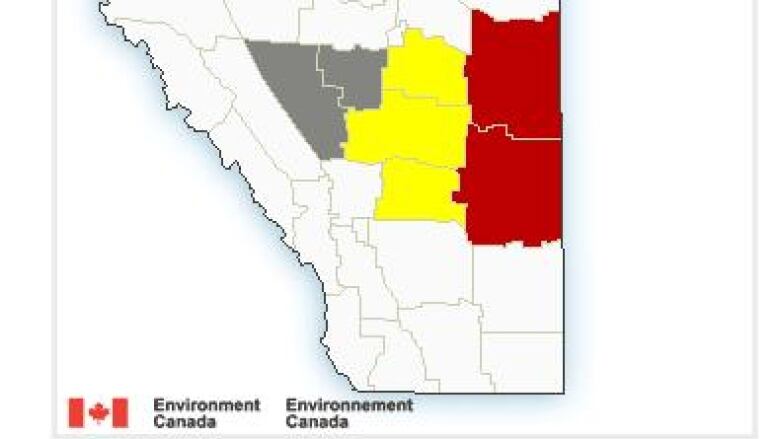 The province of Alberta with blocks of red and yellow. 