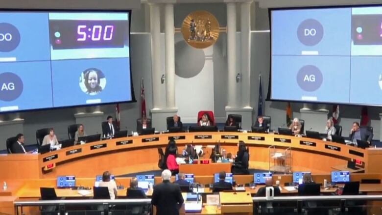 People in blazers are seated in a chamber around in a semi-circle wooden podium in front of microphones. 