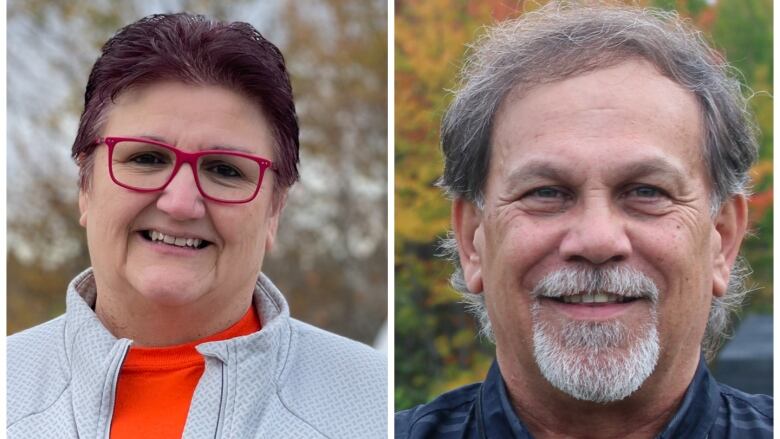 A split photo of a woman, left, with short hair, and a man, right, with grey hair and a beard.