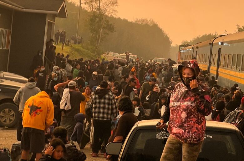 A large group of people lines up beside a train under a sky that is orange and hazy.