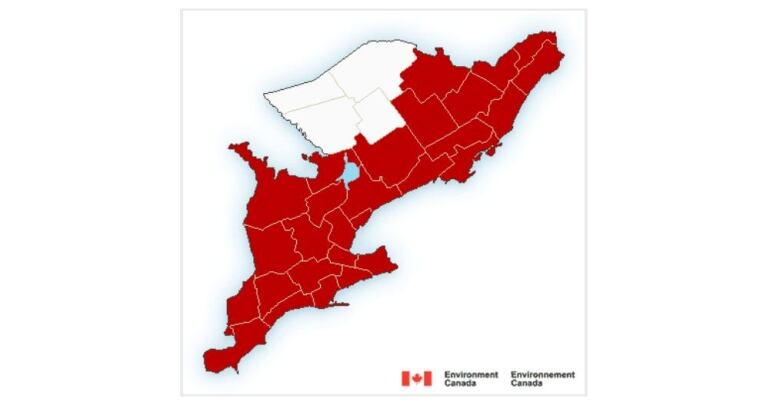 Map of southern Ontario. Red marks areas under heat warning.