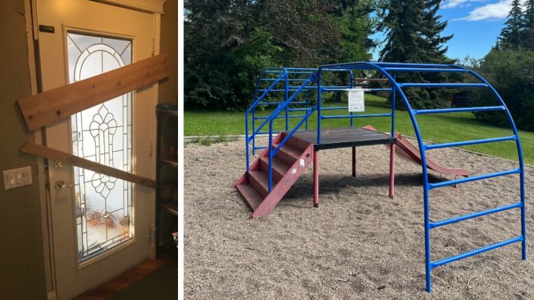 A broken door on the left. A playground with a sign on the right.