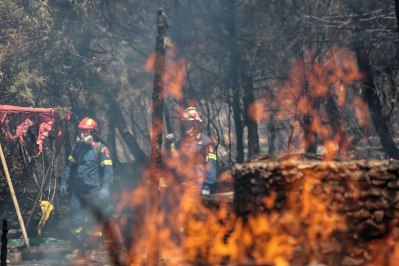 Firefighters are seen behind flames rising in the air.