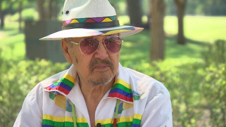 A man photographed outdoors wears a colorful fedora, shirt and sunglasses.