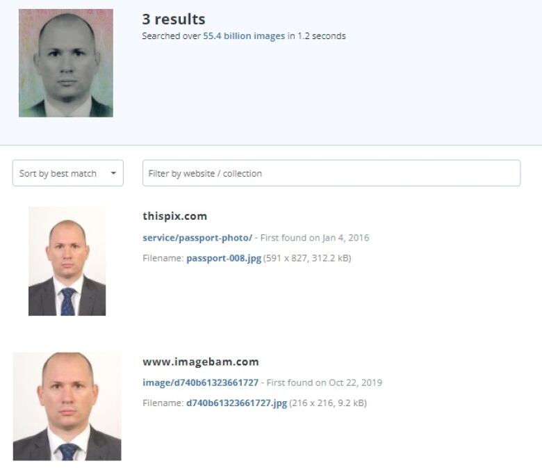 A screen capture of a reverse image search on tineye.com found three websites where one of those photos shared by the RCMP showed up, including one site offering passport photos. In the screen grab we see 55.4 billion images were searched and two of the results are shown: one says 