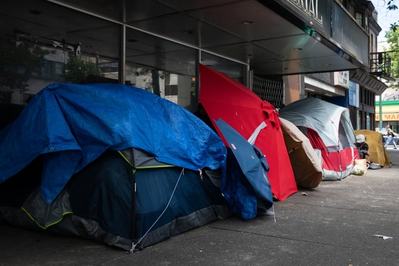 Tents, umbrellas and other structures line the sidewalk.