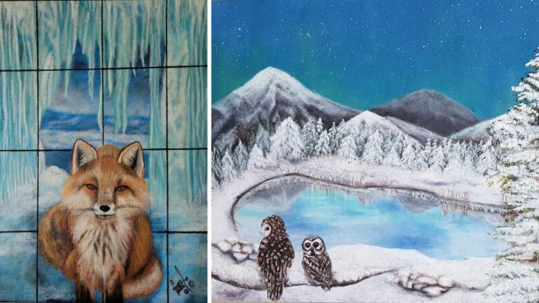 A collage of two paintings in vibrant colours. On the left is a fox and on the right are two white owls on the side of a frozen lake with the northern lights in the background.