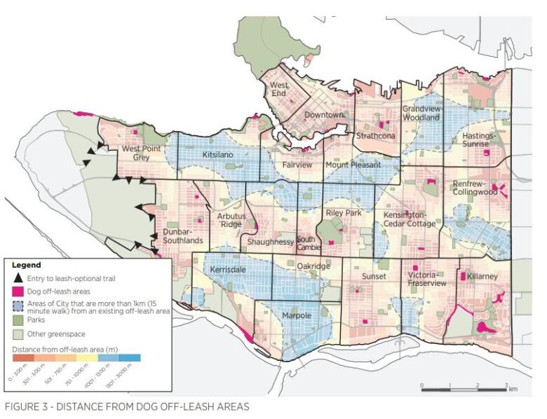 A map showing the areas with off-leash areas for dogs. Significant parts of Kitsilano, Mount Pleasant, Kerrisdale, and Marpole are at least 1 km away from an off-leash area.