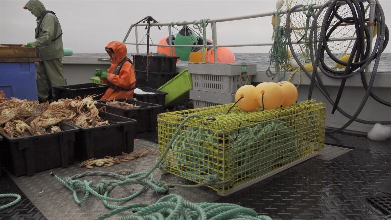 A large yellow cage filled with blue rope sits on the deck of a fishing boat.