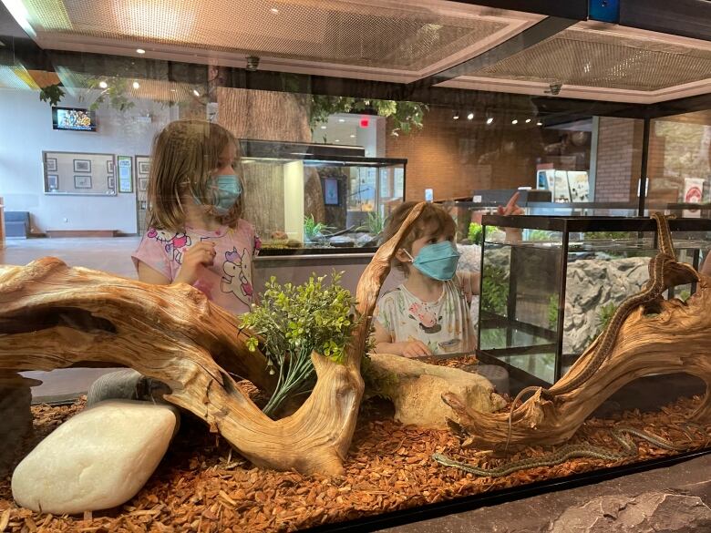 Two young girls are pictured wearing masks inside a museum.