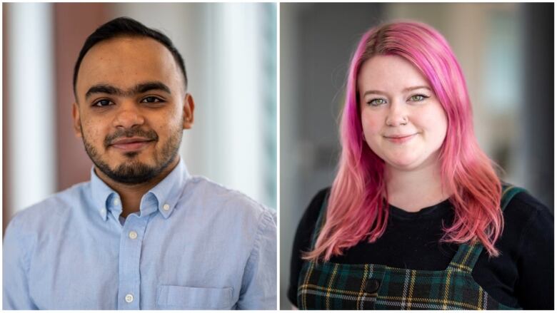 Two photos joined together. The photo on the left shows a person in a blue dress shirt. The photo on the right shows a person with pink hair wearing a plaid dress. Both are smiling.