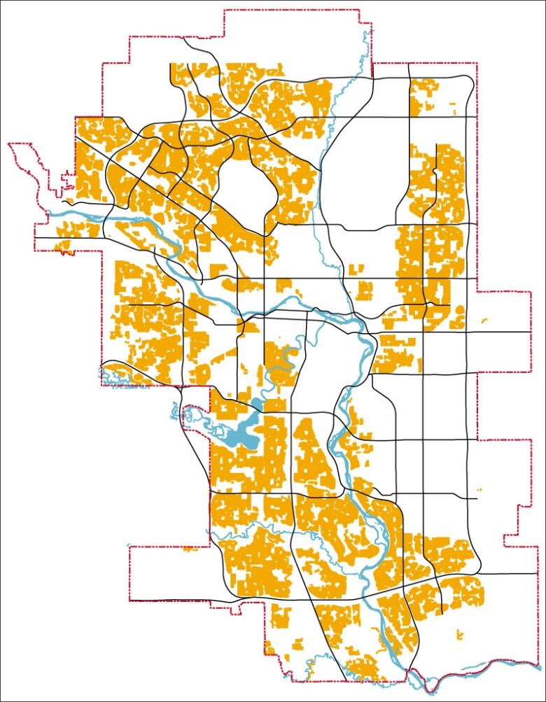 A map of Calgary, where all areas that permit only standalone homes are shaded in yellow.