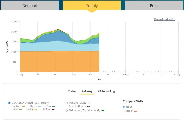 A graph shows 10,000 megawatts of power is nuclear, approximately 5,000 megawatts is hydro and natural gas can fluctuate between 200 and 4,900 megawatts depending on the time of day.