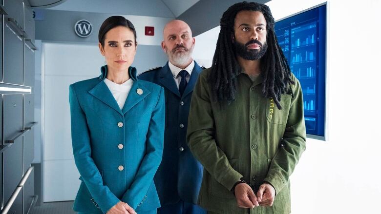 A handout image from the TV show Snowpiercer shows stars Jennifer Connelly, Mike O'Malley and Daveed Diggs.