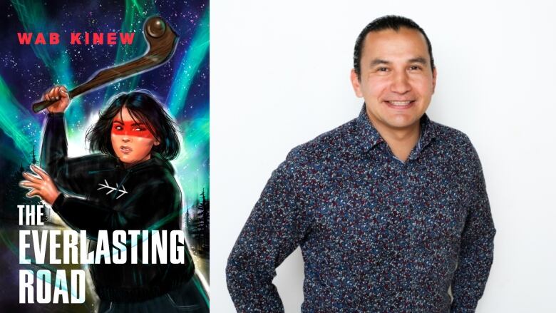 The illustrated book cover for The Everlasting Road by Wab Kinew features a young Indigenous woman wearing a black hoodie with a striped of red paint across her eyes as she holds up a wooden weapon in her right hand. The green Northern Lights are behind her. 