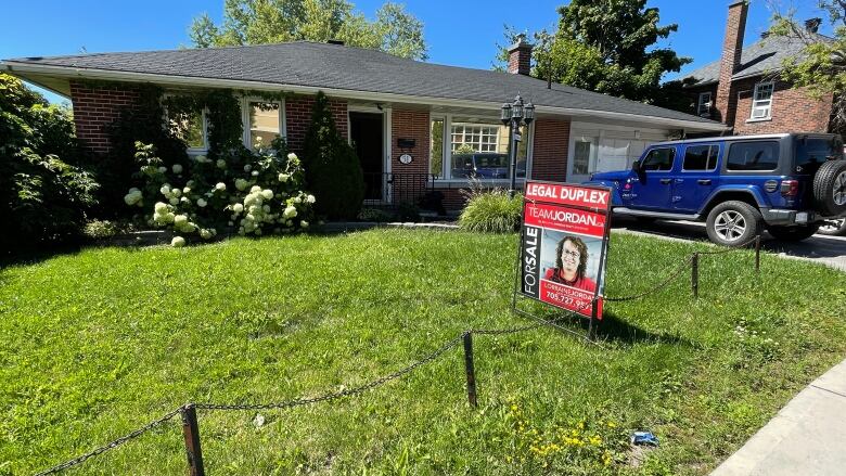 A for-sale sign in front of a house.