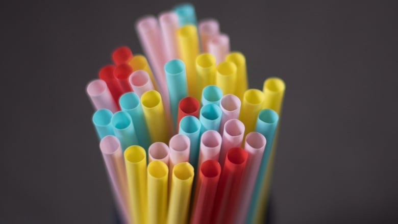 A bundle of colourful plastic straws.