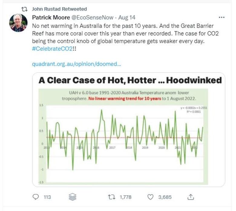 A picture of John Rustad retweeting a false tweet from Patrick Moore that reads: 