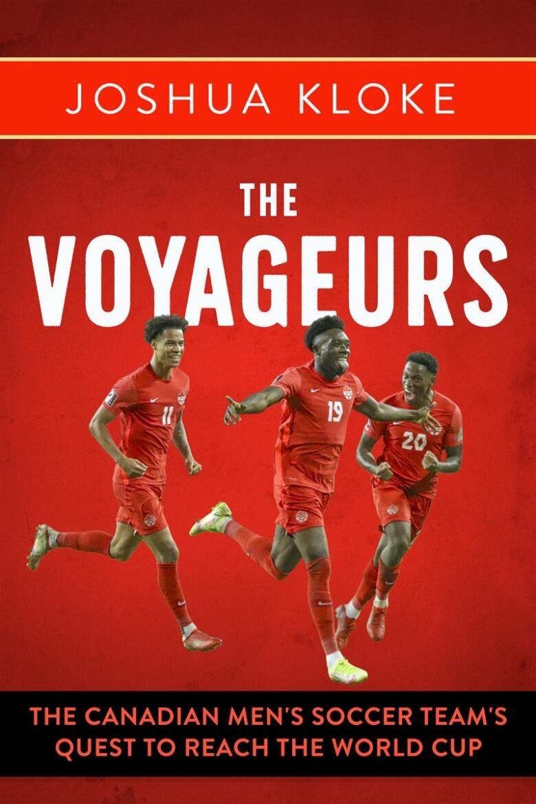 Three cut-out photos of male soccer players in red uniforms mid-run are in the centre of the red book cover. 