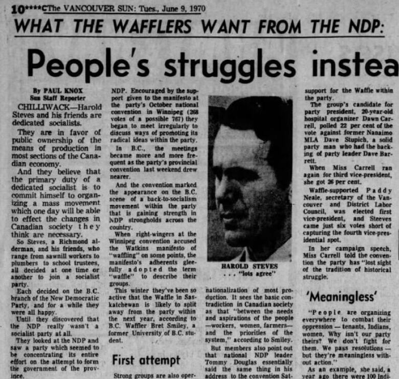 A headline from an old newspaper. It shows a young Harold Steves. The headline reads 'What the wafflers want from the NDP'. The article details Harold Steves' dissatisfaction with the B.C. NDP.