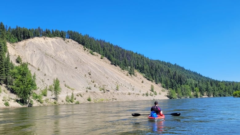 A person paddles a kayak on a river.