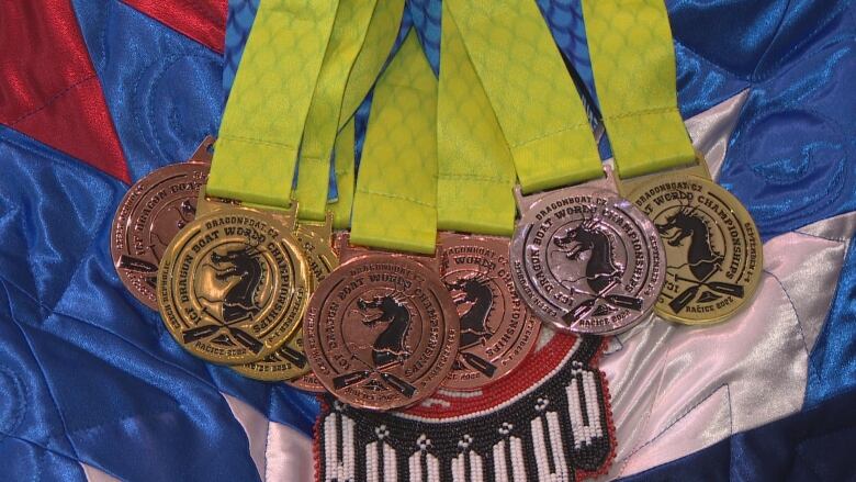 Close-up of medals.