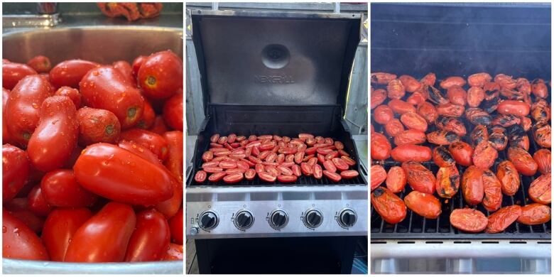 Three-image collage showing fresh tomatoes, tomatoes halved on a barbecue, and tomatoes with fire-blackened skins.