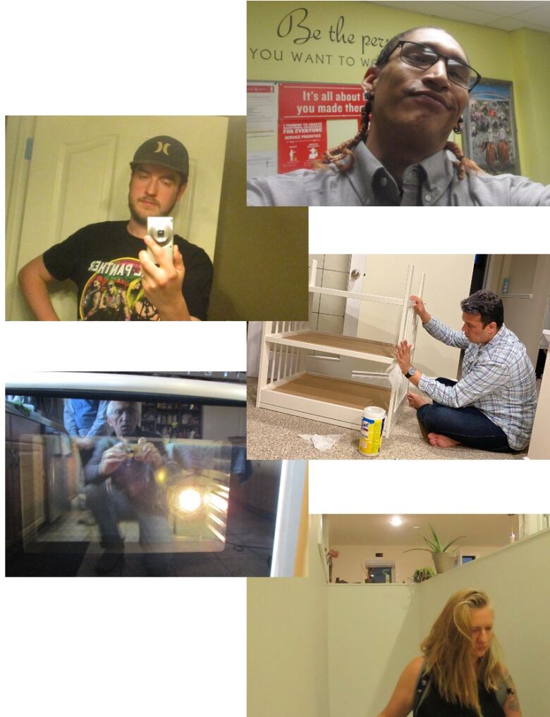 Five selfies or photos taken with the camera on a timer, including one where a man is cleaning a new baby change table and another where a senior is taking a photo of his reflection in the window of an oven. 