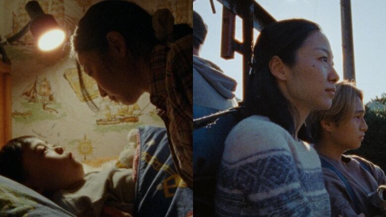 A composite image is shown. On the left is a mother bending over a young boy in bed. On the right she sits with a slightly older boy in a car.