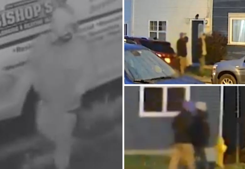 Very blurry images of one person, as well as two blurry images of two people on a residential street.