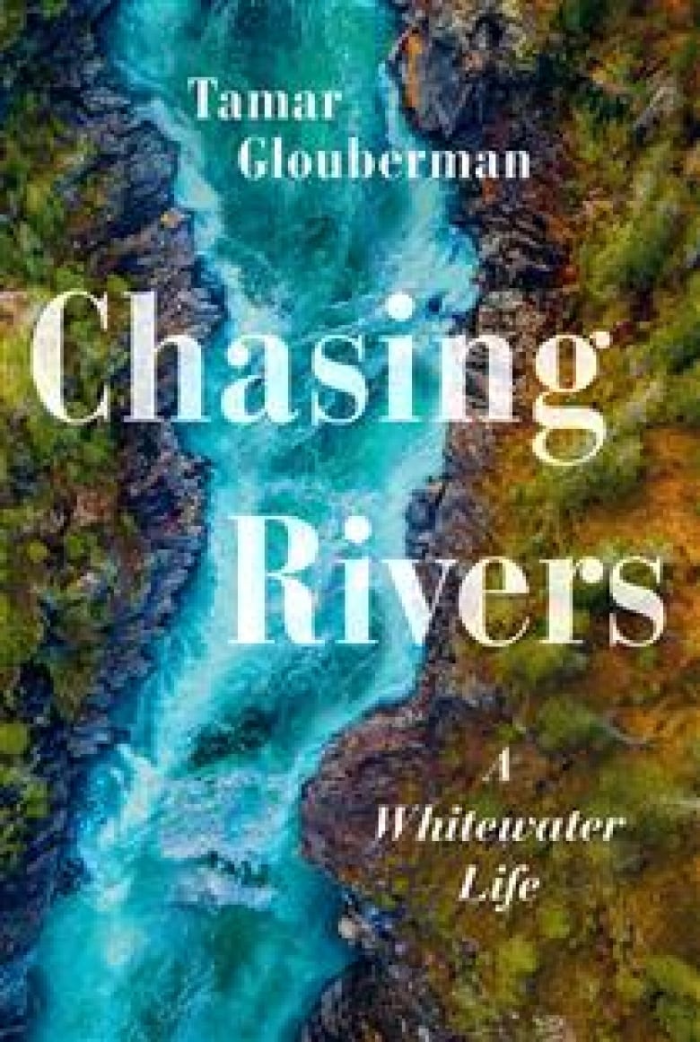 The book cover is an aerial photo of a river flowing vertically with rock and green grass on either side. 