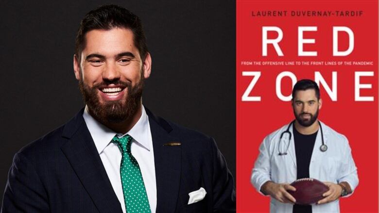 The red book cover features a cut-out photo of a man with a beard wearing a medical jacket and stethoscope, holding a football.