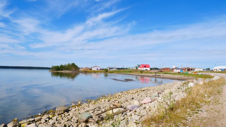 Blue skies, water and a handful of brightly coloured buildings. 