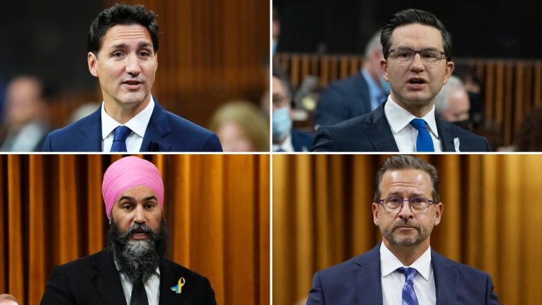 Composite illustration features Liberal Leader Justin Trudeau, top left, Conservative Party of Canada Leader Pierre Poilievre, top right, NDP Leader Jagmeet Singh, bottom left, and Bloc Qubcois Leader Yves-Francois Blanchet.