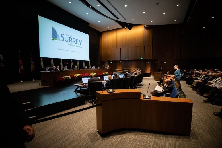 A large projection screen with the words 'City of Surrey, the future lives here' is pictured during a meeting in council chambers at Surrey City Hall in 2019.