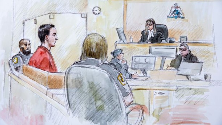 A sketch shows a man in an orange jumpsuit in the dock at a court room.