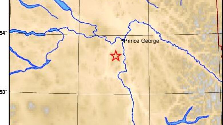 A map with a star symbol just southwest of Prince George in central British Columbia.