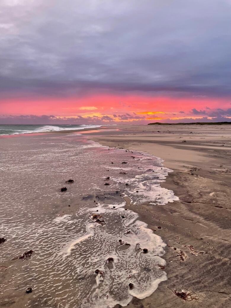 Bright pink, orange and purple hues paint the sky as waves crash on the sandy shore of Sable Island in September 2022.