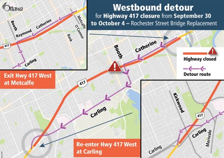 A map with arrows showing where people can drive instead of Highway 417.