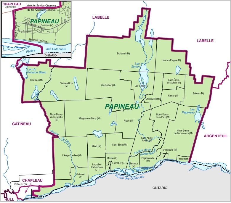 A map showing the borders of Quebec's electoral division of Papineau.