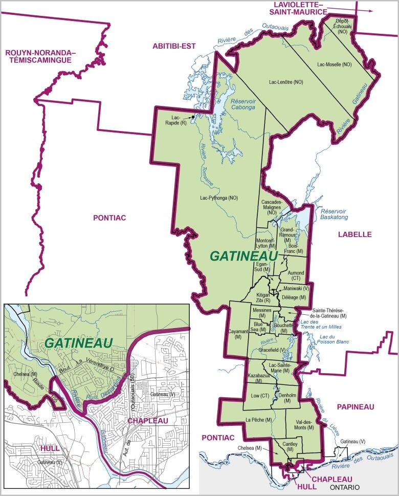 A map showing the borders of Quebec's Gatineau electoral division.