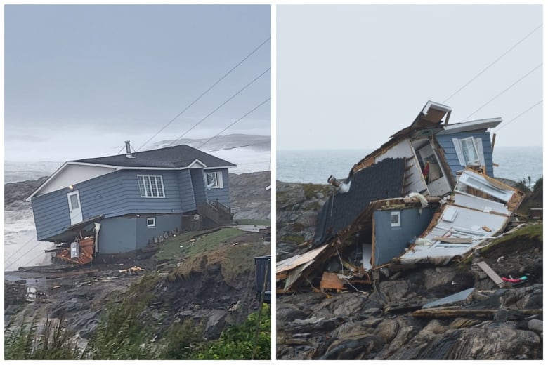 A house on the edge of a cliff and the same house beside it destroyed.