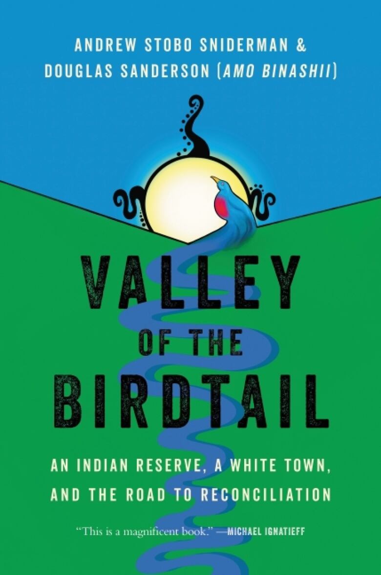 Book cover featuring an illustration of a green valley, blue sky, and blue river winding into the sun. Black and white text overlaid.