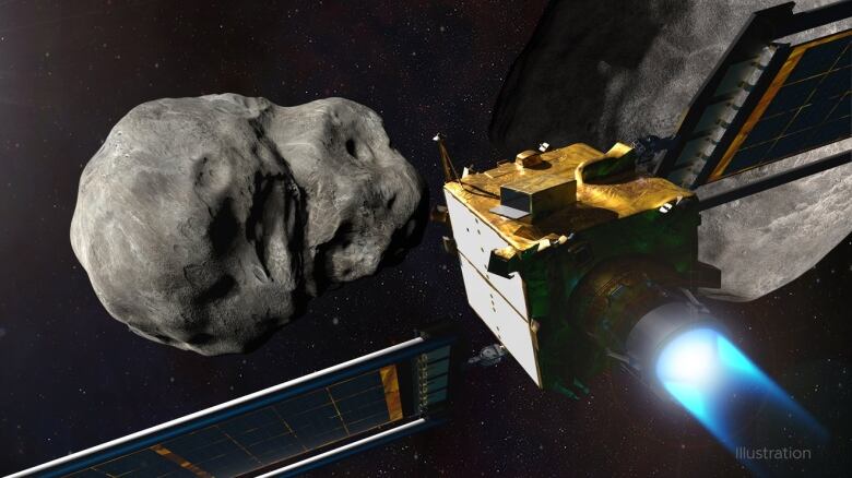 An illustration of a spacecraft next to an asteroid in space.