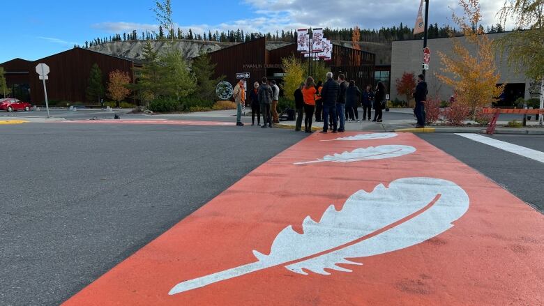 White feathers on orange crosswalk