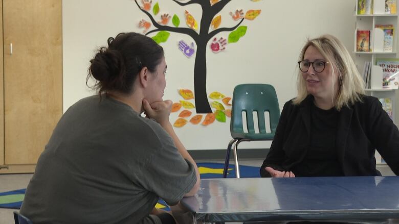 A black-haired woman sits across from a blonde woman in a preschool classroom.