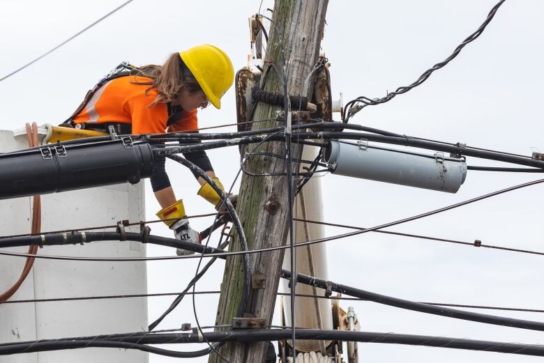 A worker in a yellow hard hat uses a tool on a power line.