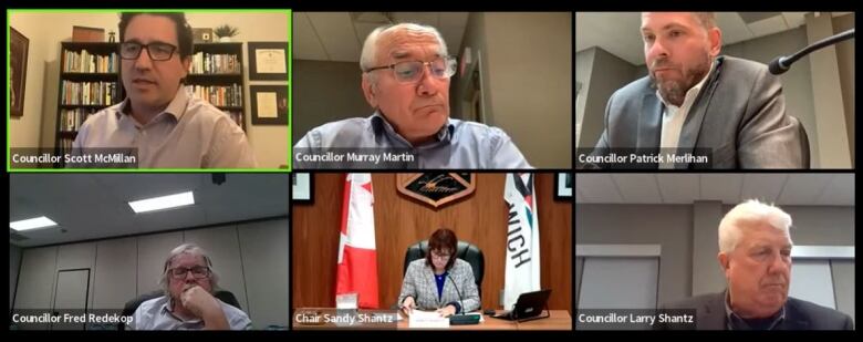 Six people in boxes on a screen as part of an online Zoom call. There are five men and one woman.